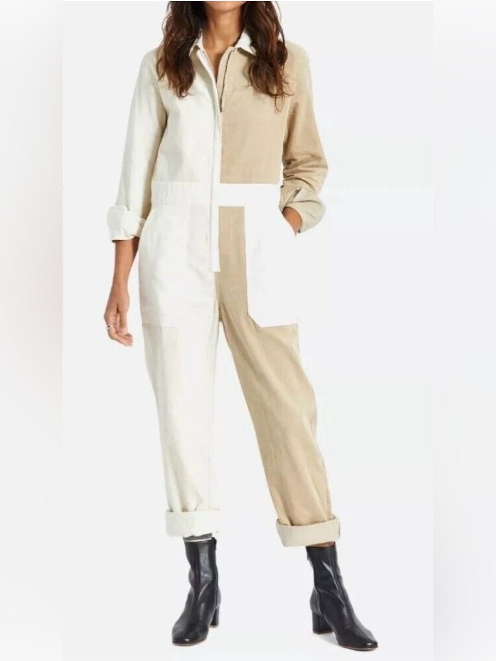 NWOT Brixton Mersey Coverall Corduroy Jumpsuit Tan Cream Pockets Retro 70s